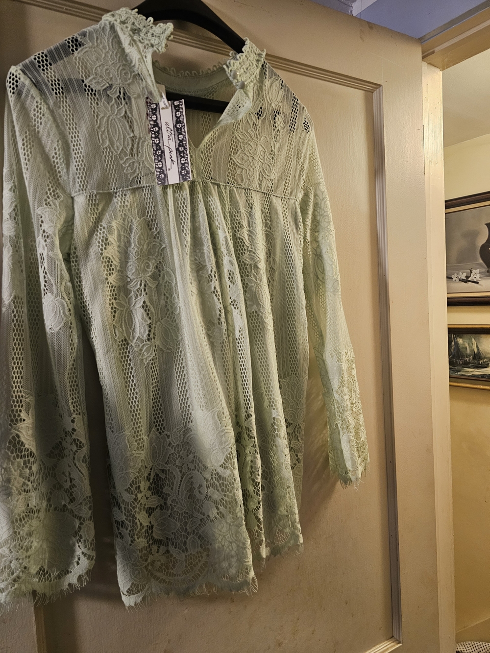 Ultra Pink Mint Lace Long-Sleeve Chemise Sz. L